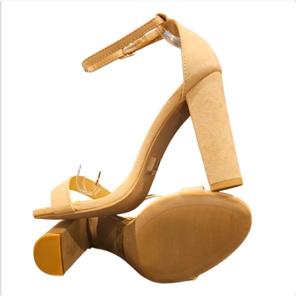 Chunky Block Heel Sandals With Strap In Faux Soft Natural Suede - Picture 4 of 7